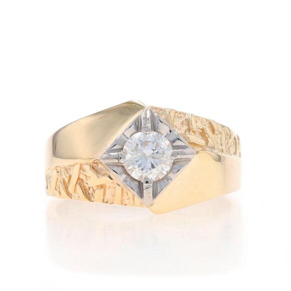 Yellow Gold Diamond Men\'s Ring - 14k Round .70ct Solitaire Euro Shank Textured